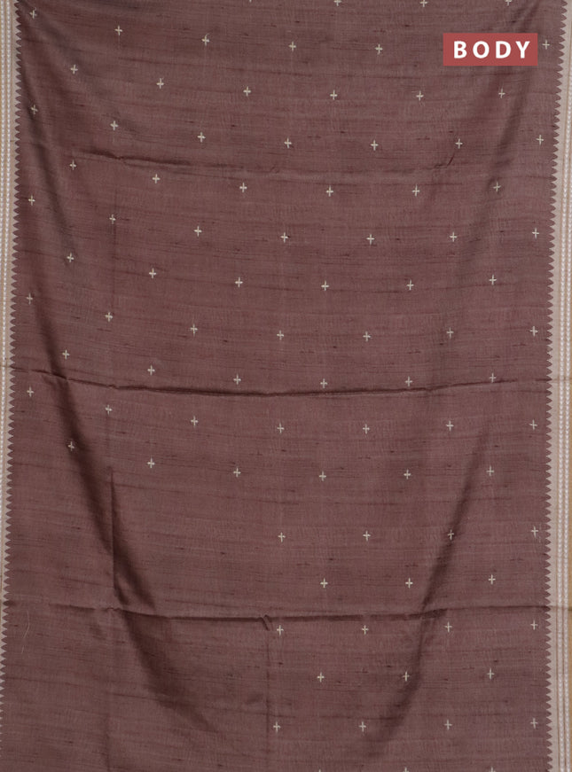 Art tussar saree brown and beige with embroidery buttas and temple design thread woven border