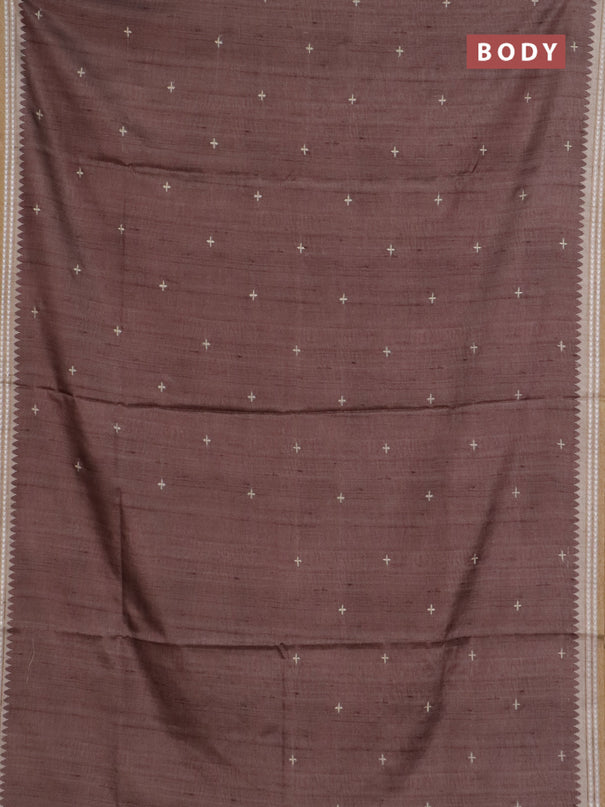 Art tussar saree brown and beige with embroidery buttas and temple design thread woven border