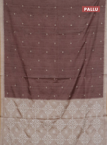 Art tussar saree brown and beige with embroidery buttas and temple design thread woven border