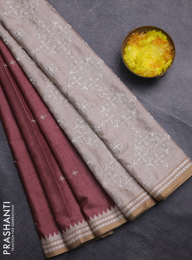 Art tussar saree pastel maroon and beige with embroidery buttas and temple design thread woven border