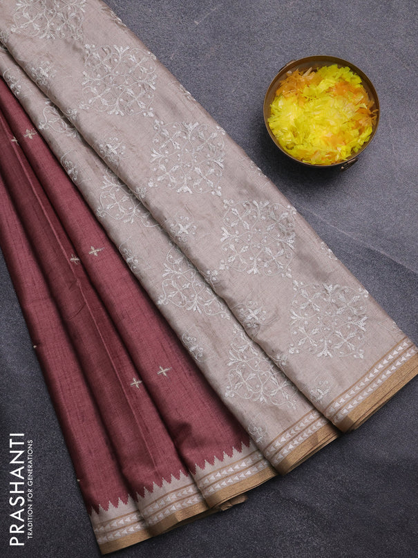 Art tussar saree pastel maroon and beige with embroidery buttas and temple design thread woven border