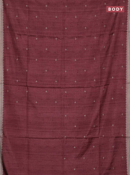 Art tussar saree pastel maroon and beige with embroidery buttas and temple design thread woven border