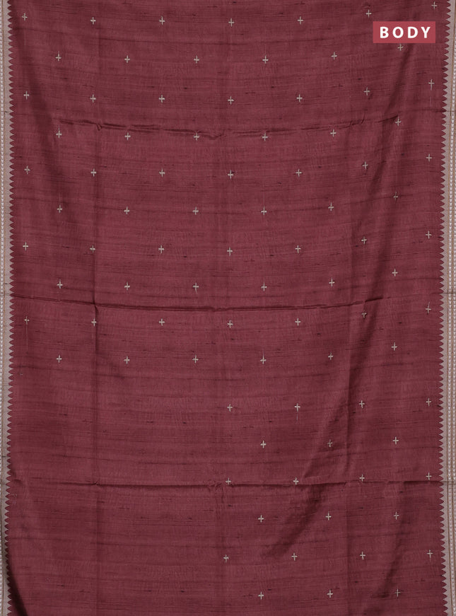 Art tussar saree pastel maroon and beige with embroidery buttas and temple design thread woven border