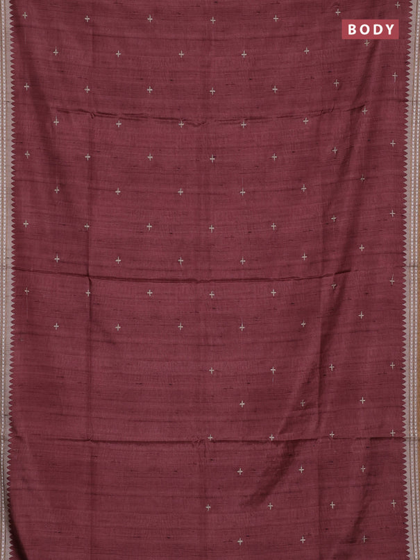 Art tussar saree pastel maroon and beige with embroidery buttas and temple design thread woven border