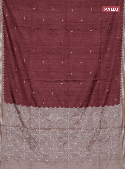 Art tussar saree pastel maroon and beige with embroidery buttas and temple design thread woven border