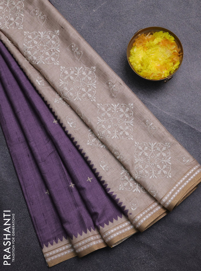 Art tussar saree pastel purple and beige with embroidery buttas and temple design thread woven border