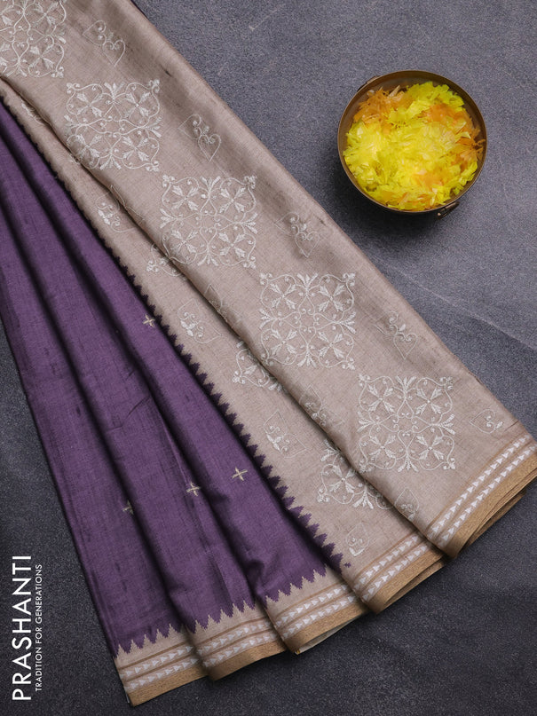 Art tussar saree pastel purple and beige with embroidery buttas and temple design thread woven border