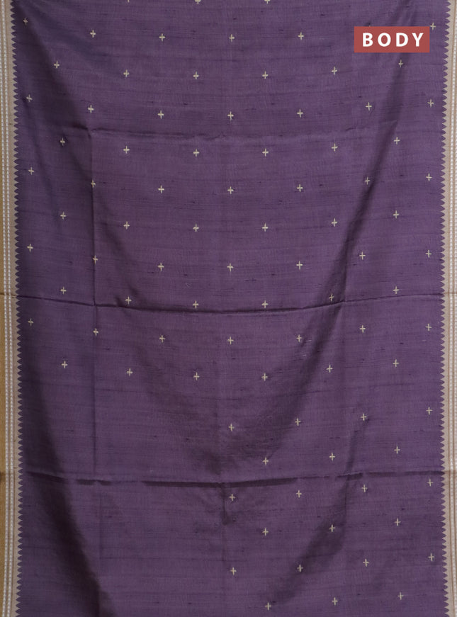 Art tussar saree pastel purple and beige with embroidery buttas and temple design thread woven border