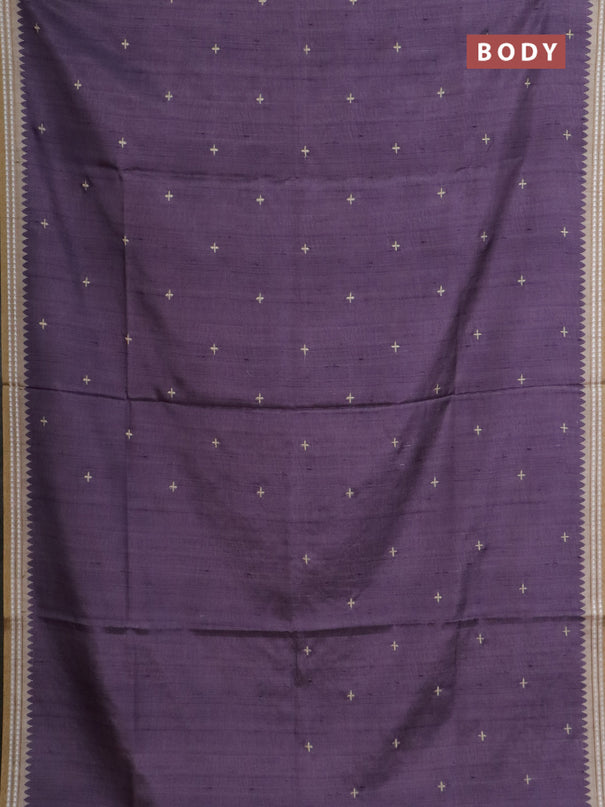 Art tussar saree pastel purple and beige with embroidery buttas and temple design thread woven border