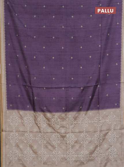 Art tussar saree pastel purple and beige with embroidery buttas and temple design thread woven border