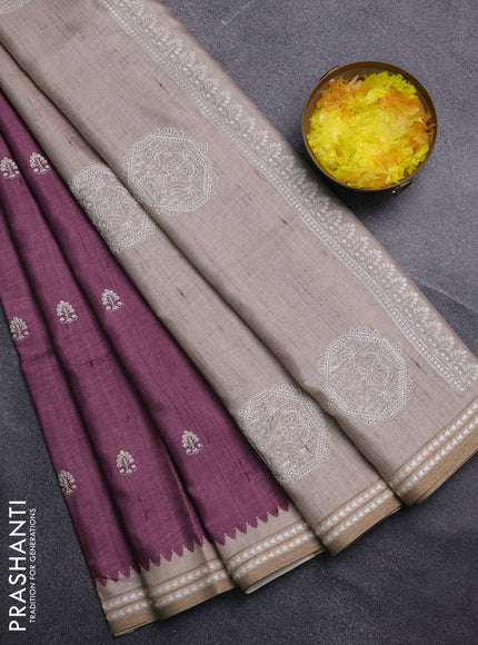 Art tussar saree wine shade and beige with embroidery buttas and temple design thread woven border