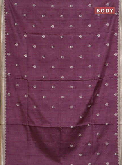 Art tussar saree wine shade and beige with embroidery buttas and temple design thread woven border