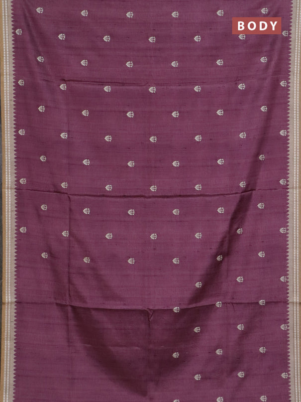 Art tussar saree wine shade and beige with embroidery buttas and temple design thread woven border