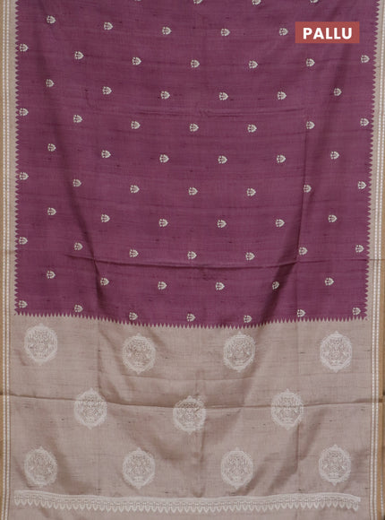 Art tussar saree wine shade and beige with embroidery buttas and temple design thread woven border