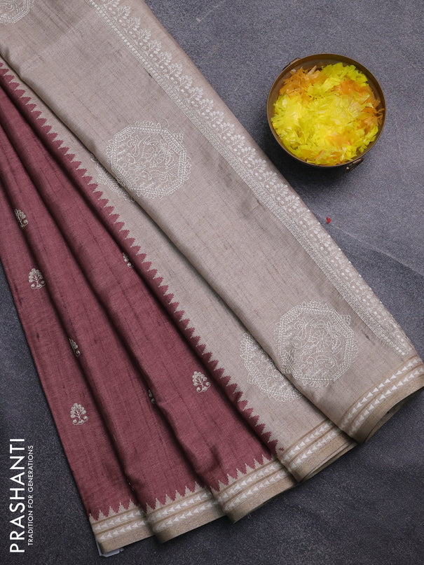 Art tussar saree pastel maroon and beige with embroidery buttas and temple design thread woven border