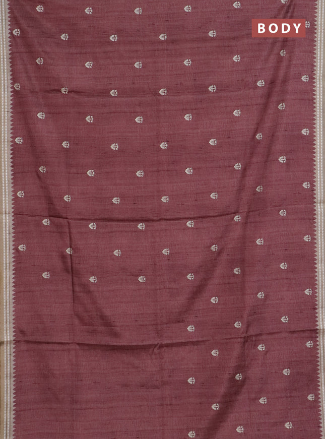 Art tussar saree pastel maroon and beige with embroidery buttas and temple design thread woven border