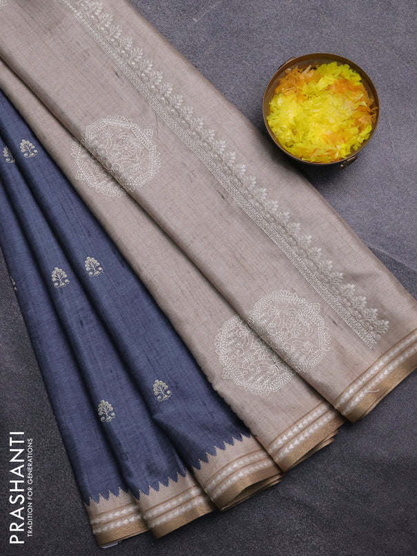 Art tussar saree grey and beige with embroidery buttas and temple design thread woven border