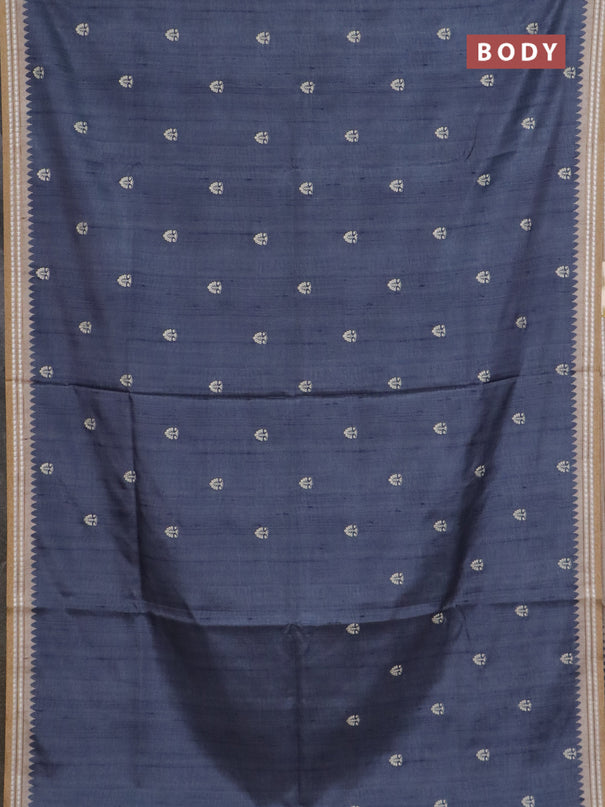 Art tussar saree grey and beige with embroidery buttas and temple design thread woven border