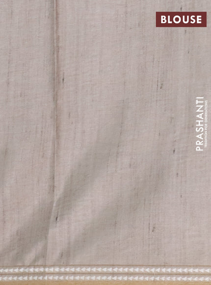 Art tussar saree grey and beige with embroidery buttas and temple design thread woven border