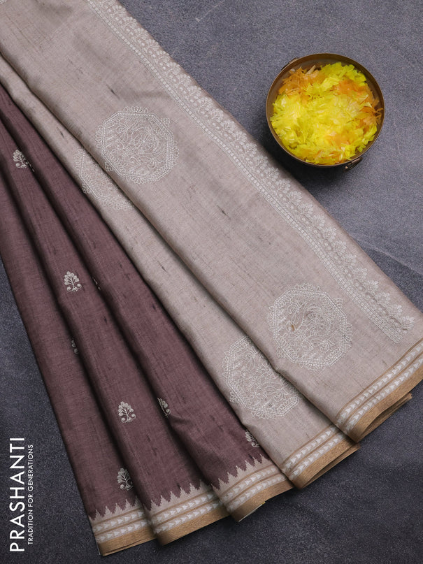 Art tussar saree brown and beige with embroidery buttas and temple design thread woven border