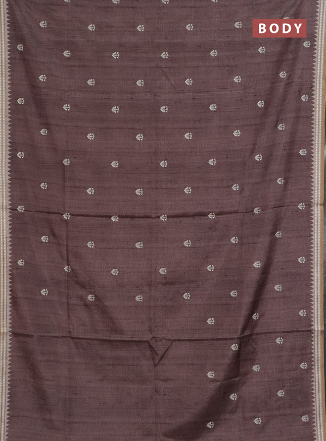 Art tussar saree brown and beige with embroidery buttas and temple design thread woven border