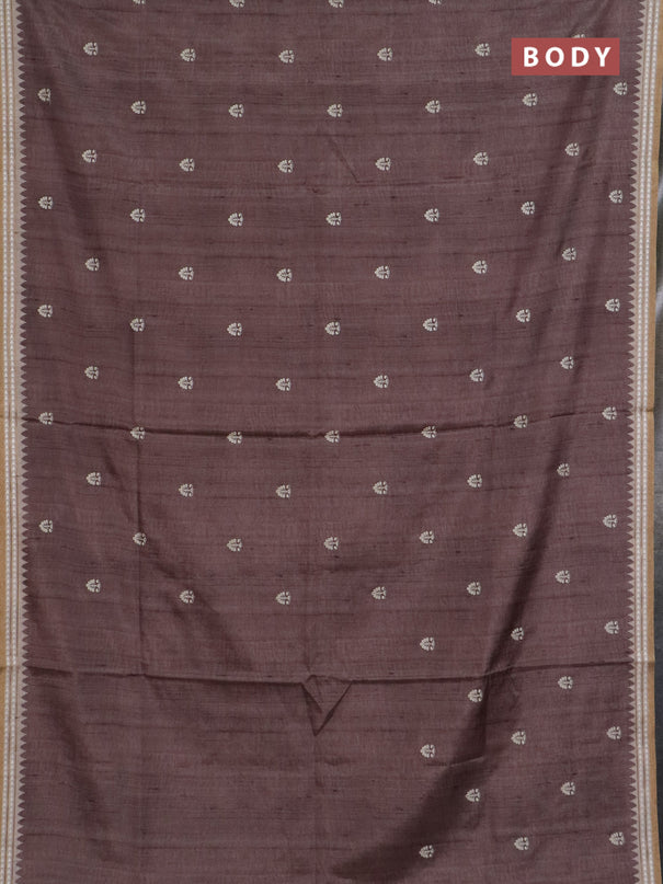 Art tussar saree brown and beige with embroidery buttas and temple design thread woven border