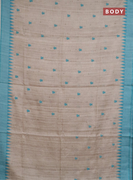 Art tussar saree beige and teal blue with embroidery buttas and temple design thread woven border