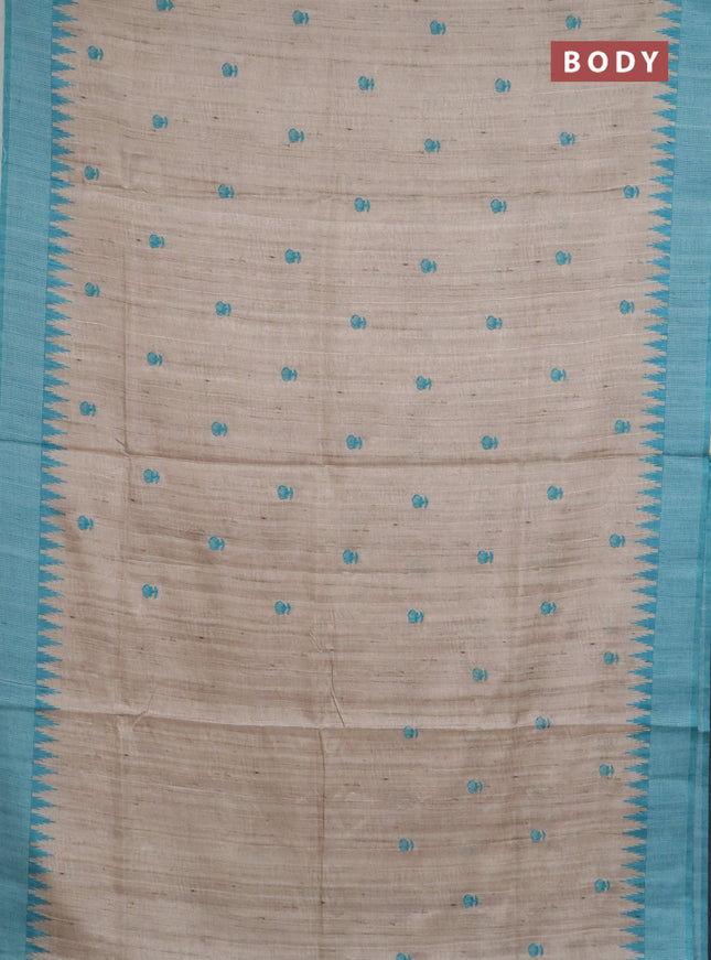 Art tussar saree beige and teal blue with embroidery buttas and temple design thread woven border