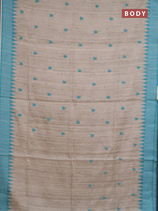 Art tussar saree beige and teal blue with embroidery buttas and temple design thread woven border