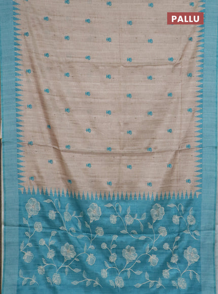 Art tussar saree beige and teal blue with embroidery buttas and temple design thread woven border