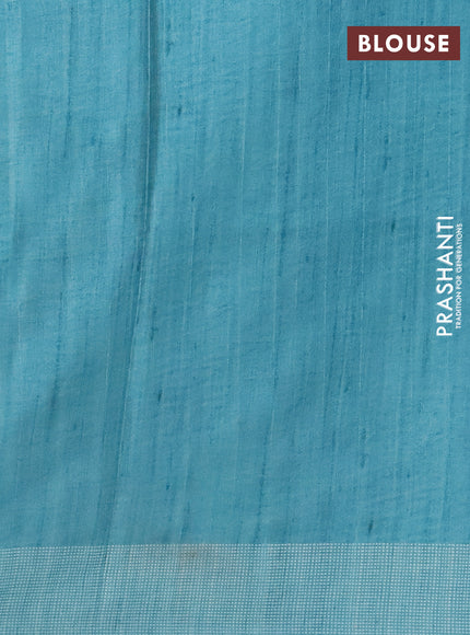 Art tussar saree beige and teal blue with embroidery buttas and temple design thread woven border