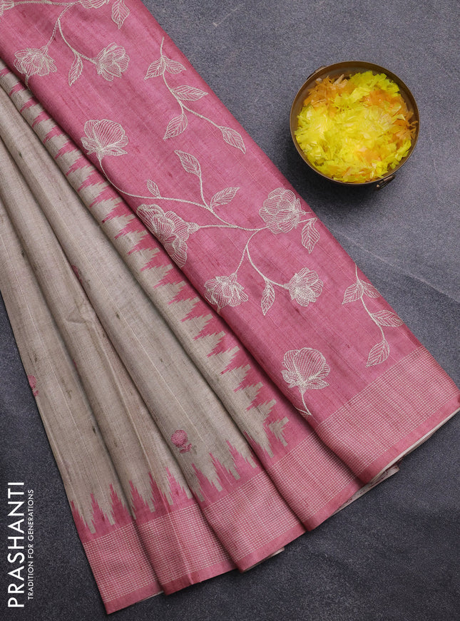Art tussar saree beige and peach pink with embroidery buttas and temple design thread woven border