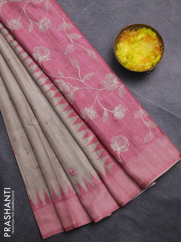 Art tussar saree beige and peach pink with embroidery buttas and temple design thread woven border