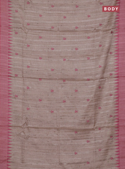 Art tussar saree beige and peach pink with embroidery buttas and temple design thread woven border