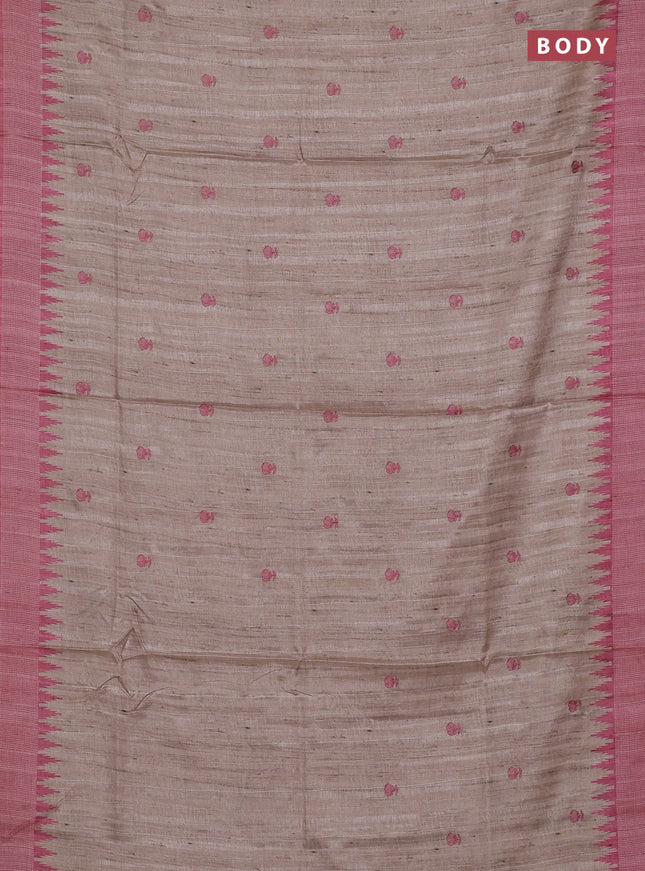 Art tussar saree beige and peach pink with embroidery buttas and temple design thread woven border