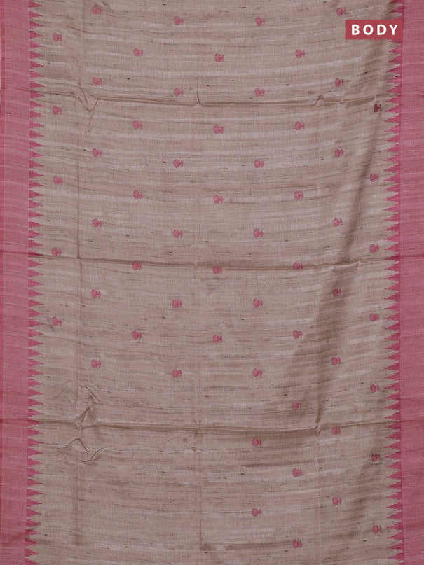 Art tussar saree beige and peach pink with embroidery buttas and temple design thread woven border