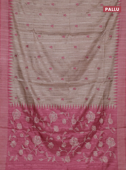 Art tussar saree beige and peach pink with embroidery buttas and temple design thread woven border
