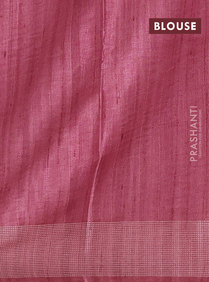 Art tussar saree beige and peach pink with embroidery buttas and temple design thread woven border