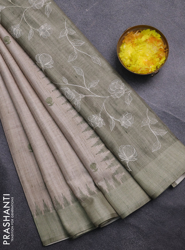 Art tussar saree beige and pastel green with embroidery buttas and temple design thread woven border