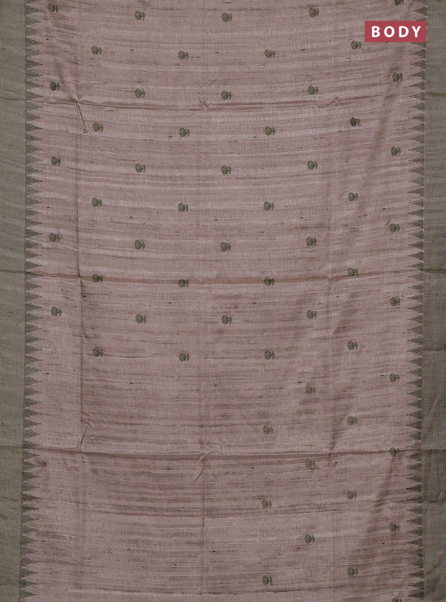 Art tussar saree beige and pastel green with embroidery buttas and temple design thread woven border