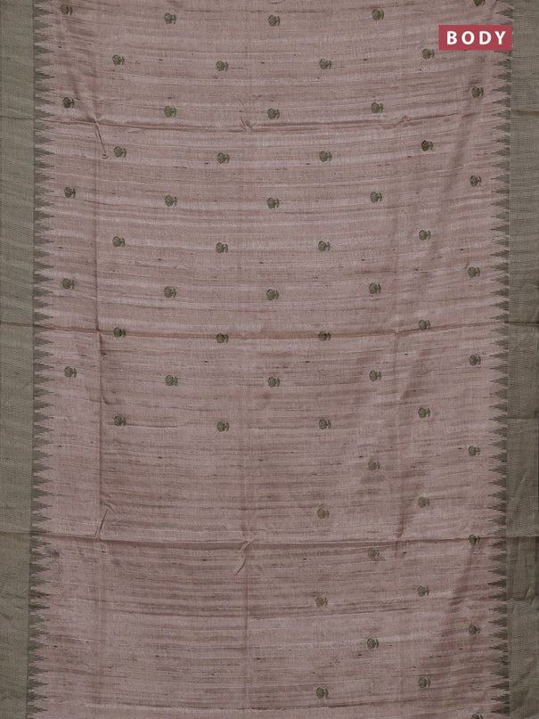 Art tussar saree beige and pastel green with embroidery buttas and temple design thread woven border