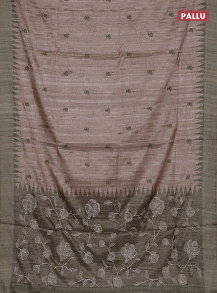 Art tussar saree beige and pastel green with embroidery buttas and temple design thread woven border
