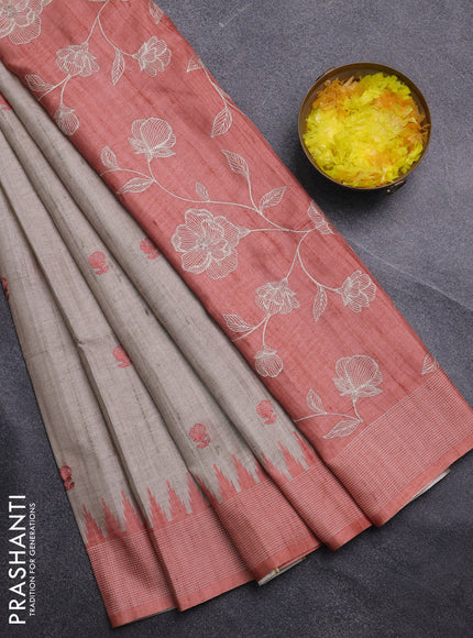 Art tussar saree beige and orange with embroidery buttas and temple design thread woven border