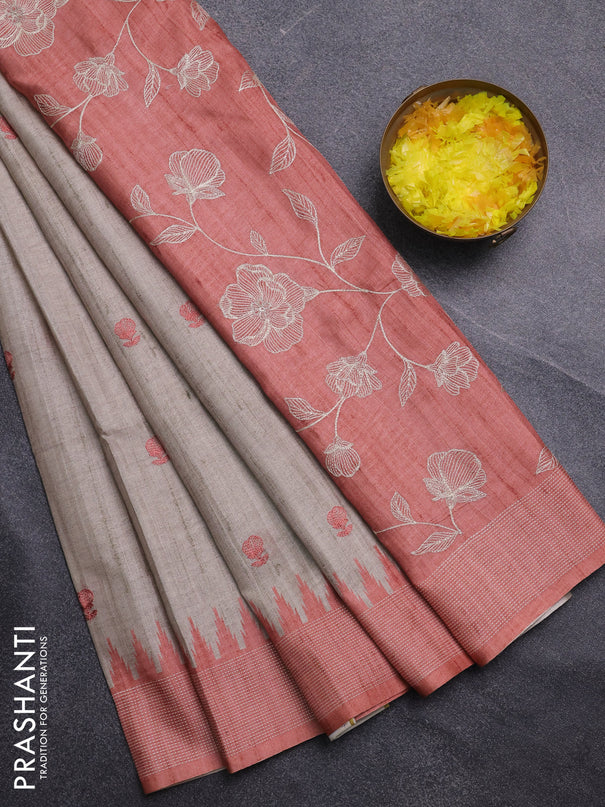 Art tussar saree beige and orange with embroidery buttas and temple design thread woven border