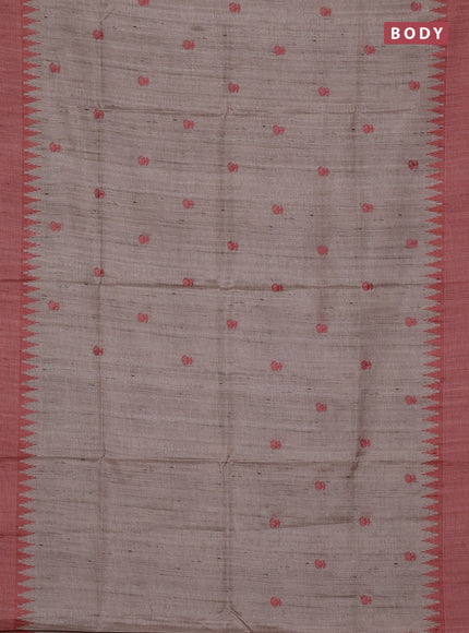 Art tussar saree beige and orange with embroidery buttas and temple design thread woven border