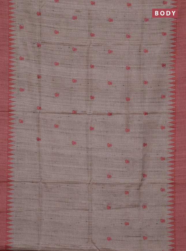 Art tussar saree beige and orange with embroidery buttas and temple design thread woven border