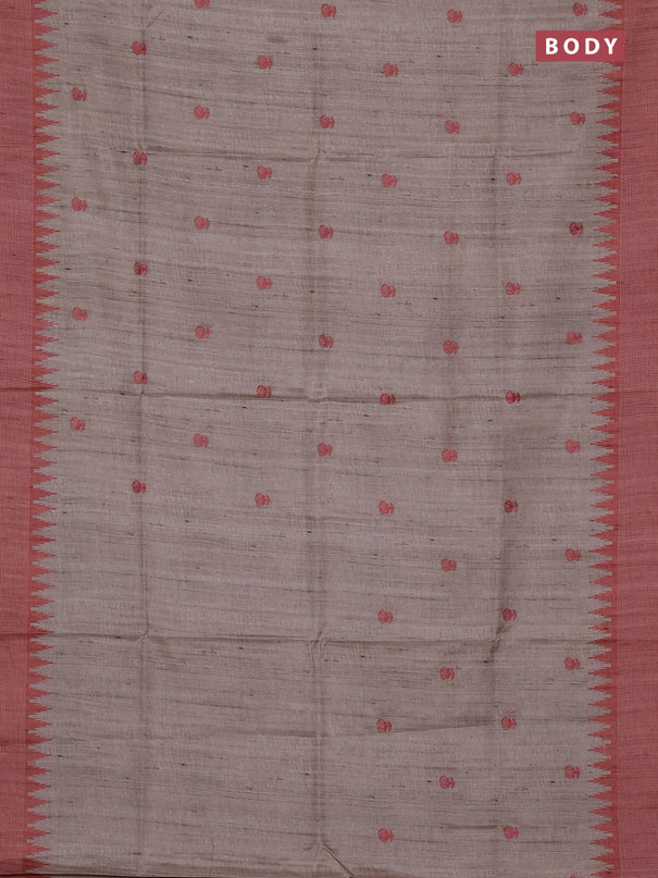 Art tussar saree beige and orange with embroidery buttas and temple design thread woven border