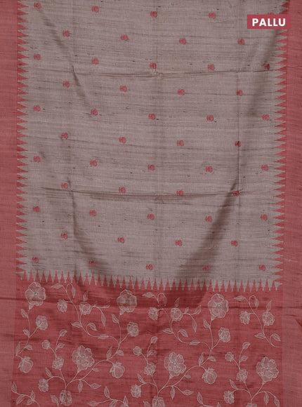 Art tussar saree beige and orange with embroidery buttas and temple design thread woven border