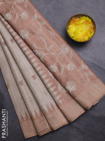 Art tussar saree beige and sandal with embroidery buttas and temple design thread woven border