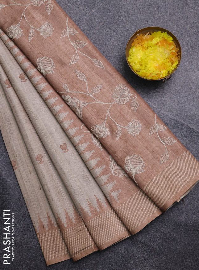 Art tussar saree beige and sandal with embroidery buttas and temple design thread woven border